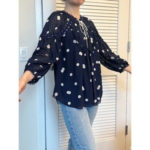 Kate Spade navy polka dot chiffon puff sleeve boxy top, size S